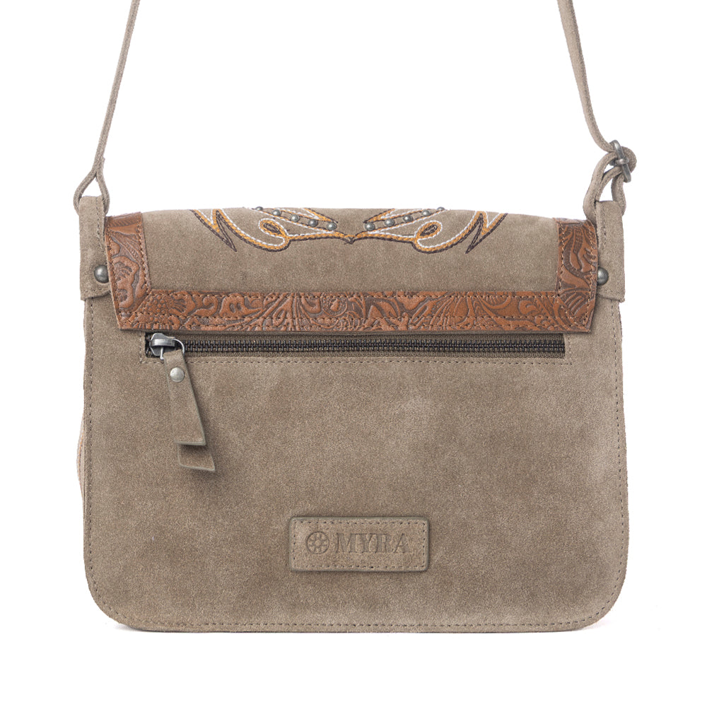 Amberwood Suede Leather Boot Embroidered Bag in Olive Taupe
