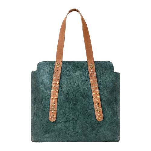 Agarita Tote Bag for Women in green with embossed leather