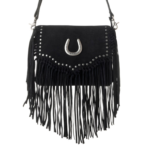 Lucky Charm Leather Bag for Women in black with fringe and horseshoe detail