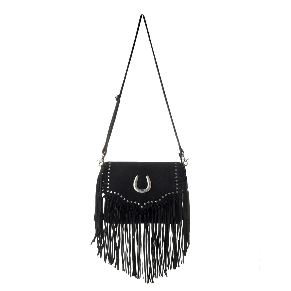 Lucky Charm Leather Bag for Women in black with fringe and horseshoe detail