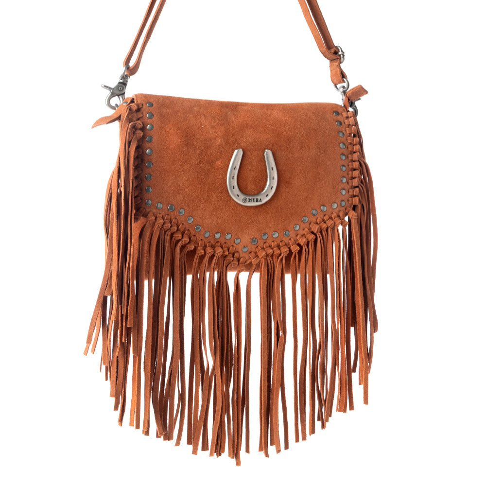 Lucky Charm Leather Bag for Women in Brown with fringe and horseshoe detail