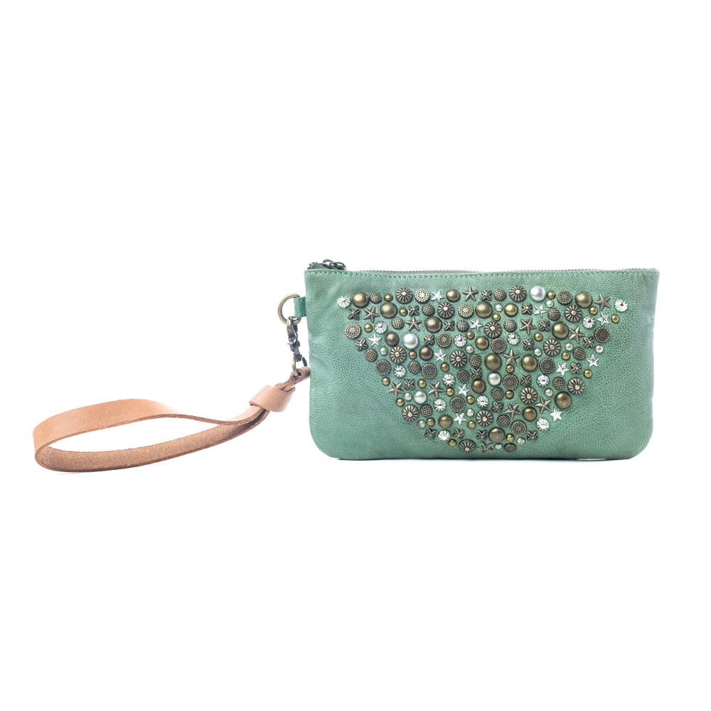 Empire Green Studded Wash Leather Pouch in Desert Olive