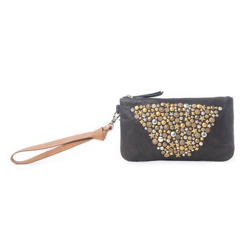 Gold Halo Studded Wash Leather Pouch in Antique Black