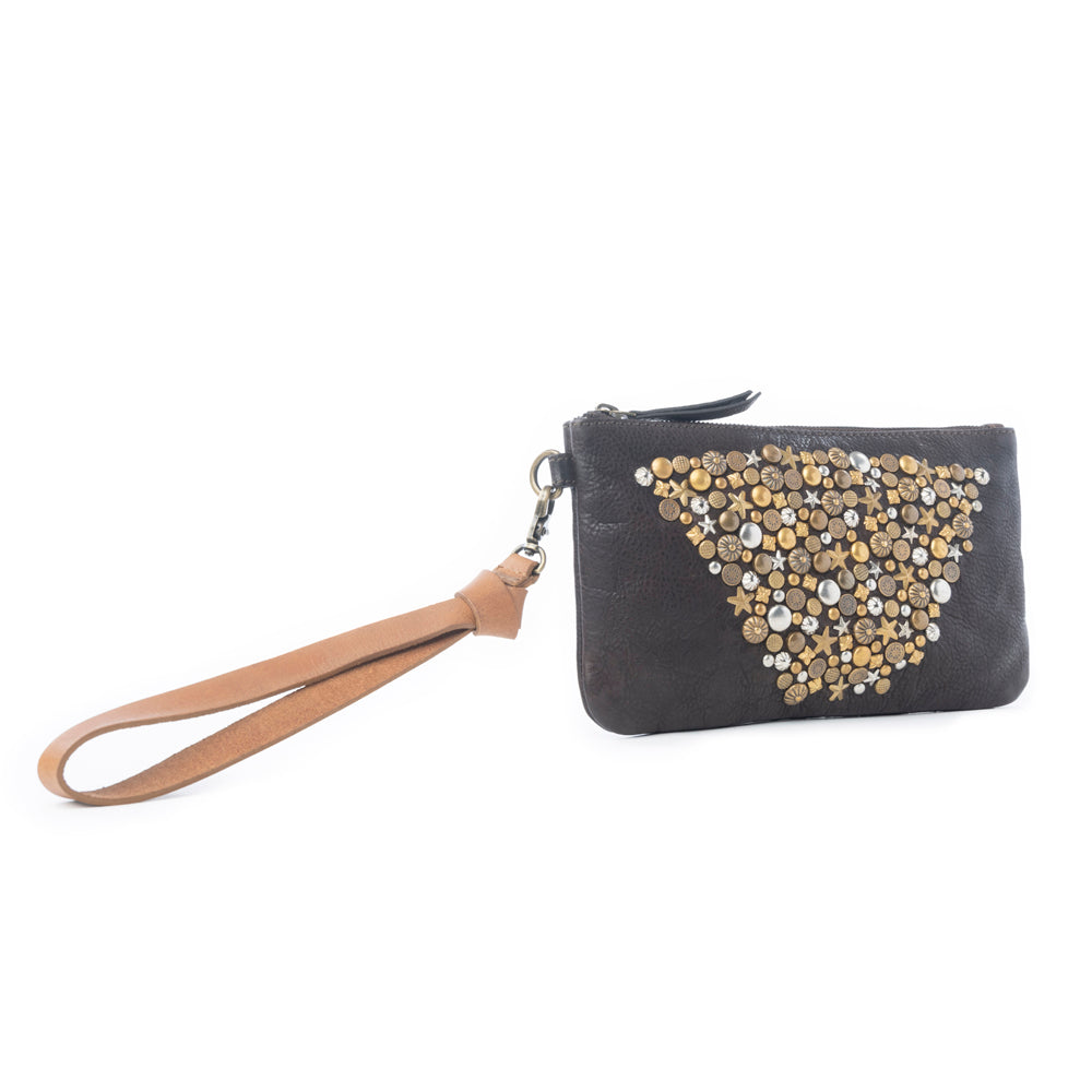 Gold Halo Studded Wash Leather Pouch in Antique Black
