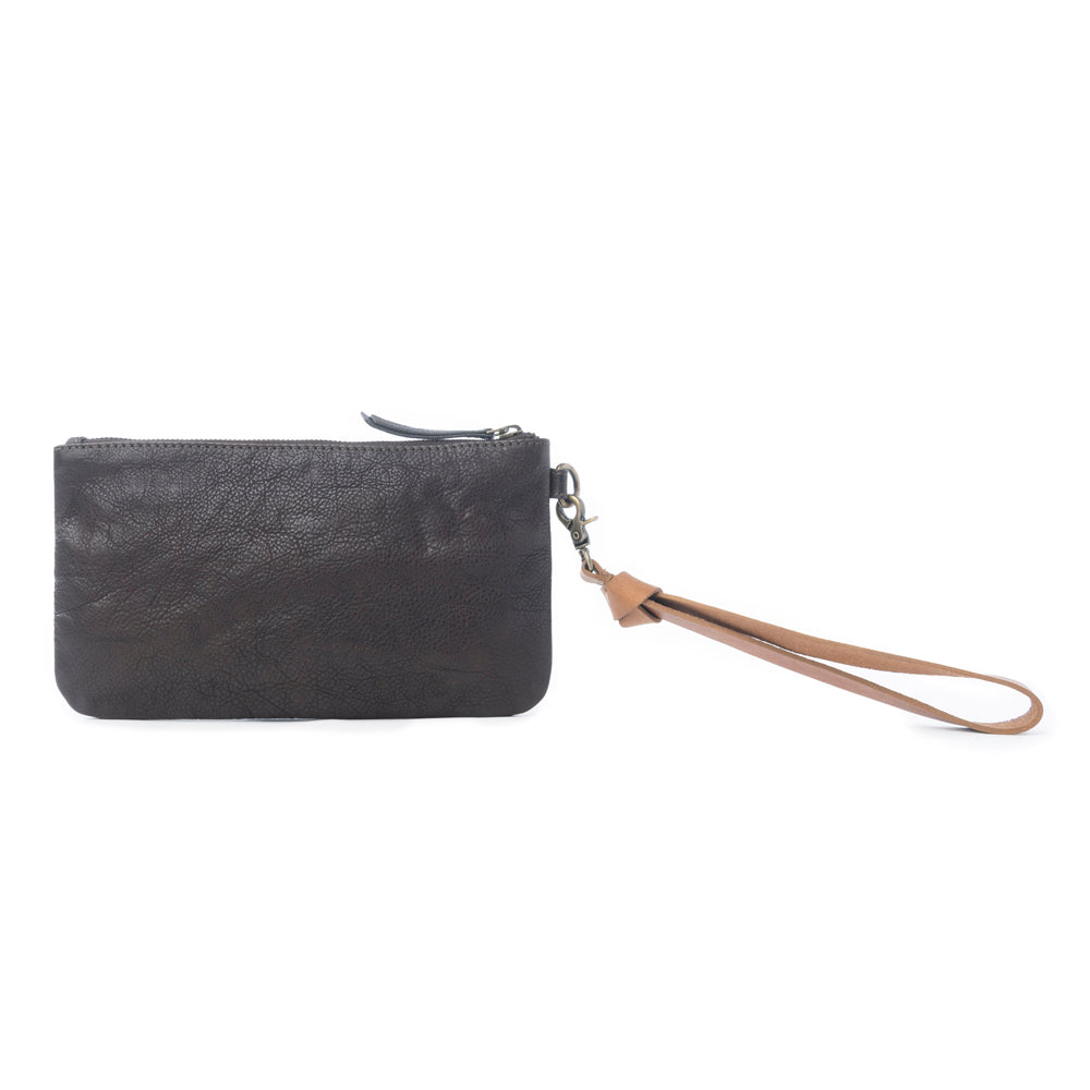Gold Halo Studded Wash Leather Pouch in Antique Black