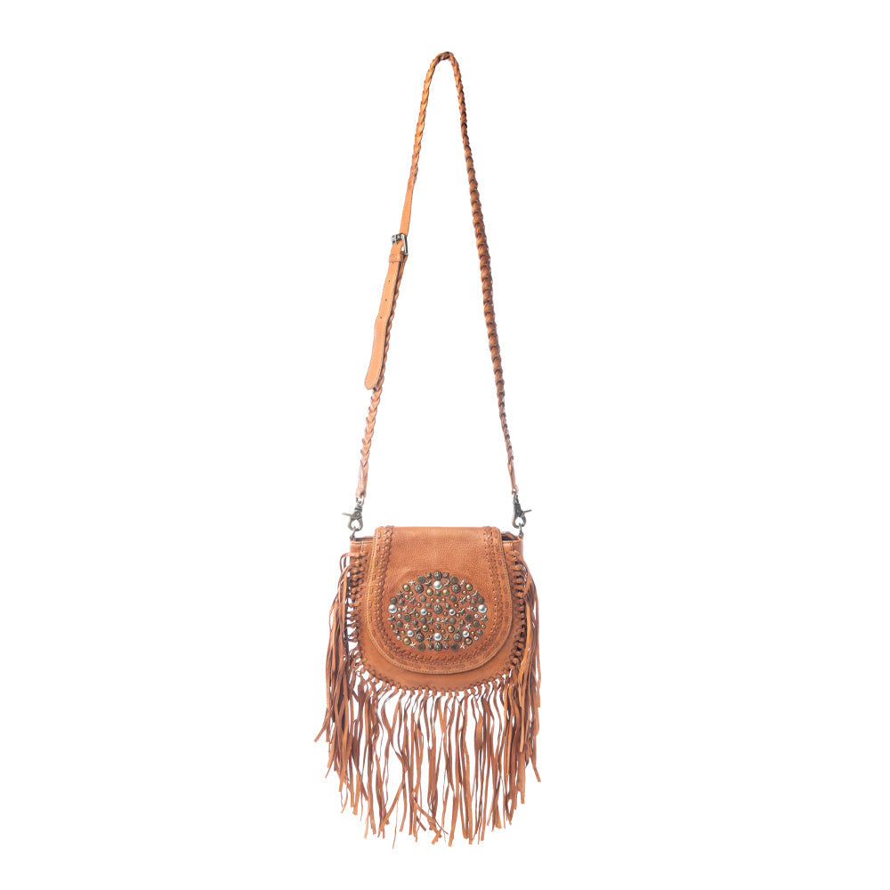 Festival Ember Studded Leather Bag with Fringes in Western Clay