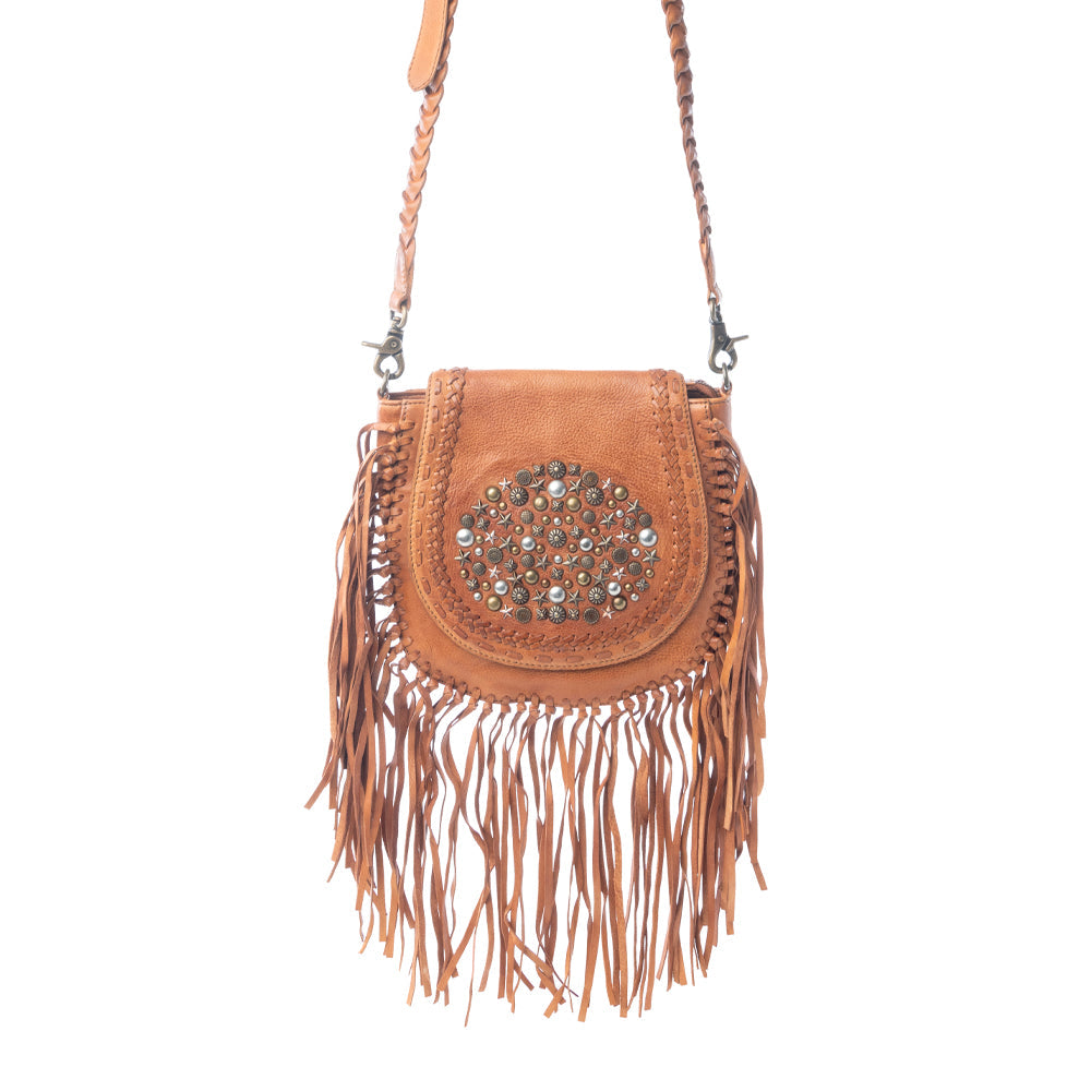 Festival Ember Studded Leather Bag with Fringes in Western Clay
