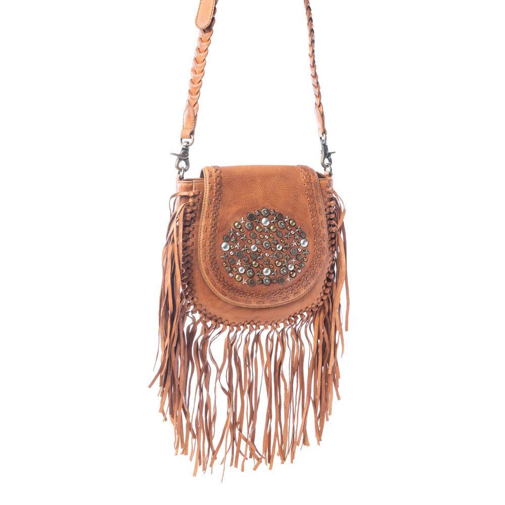 Festival Ember Studded Leather Bag with Fringes in Western Clay
