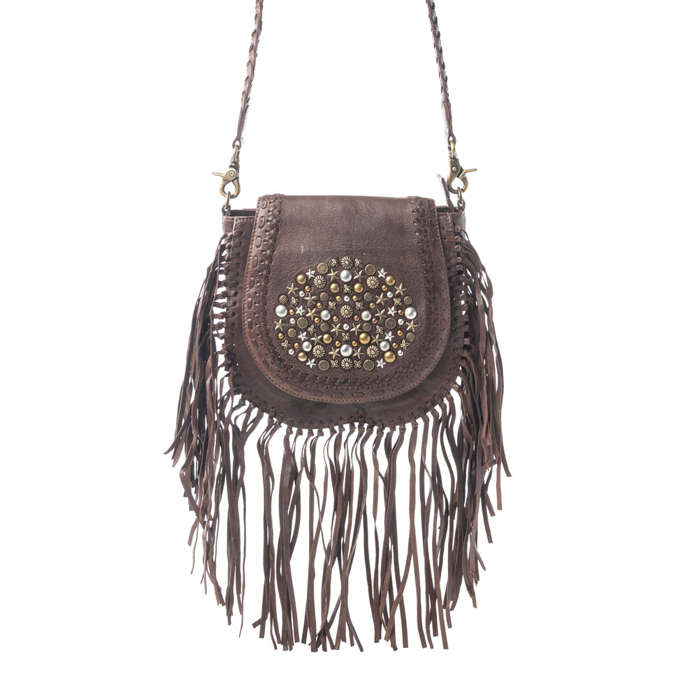 Luna Belle Studded Leather Bag with Fringes in Maverick Mocha