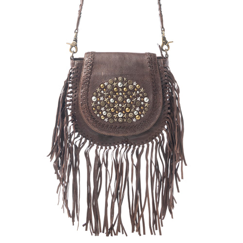 Luna Belle Studded Leather Bag with Fringes in Maverick Mocha