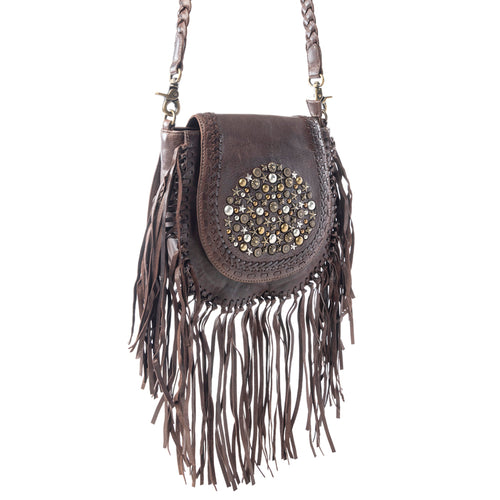 Luna Belle Studded Leather Bag with Fringes in Maverick Mocha