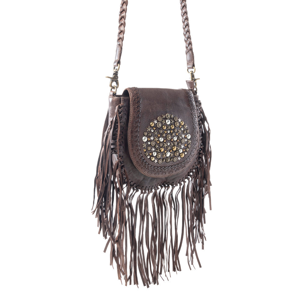 Luna Belle Studded Leather Bag with Fringes in Maverick Mocha