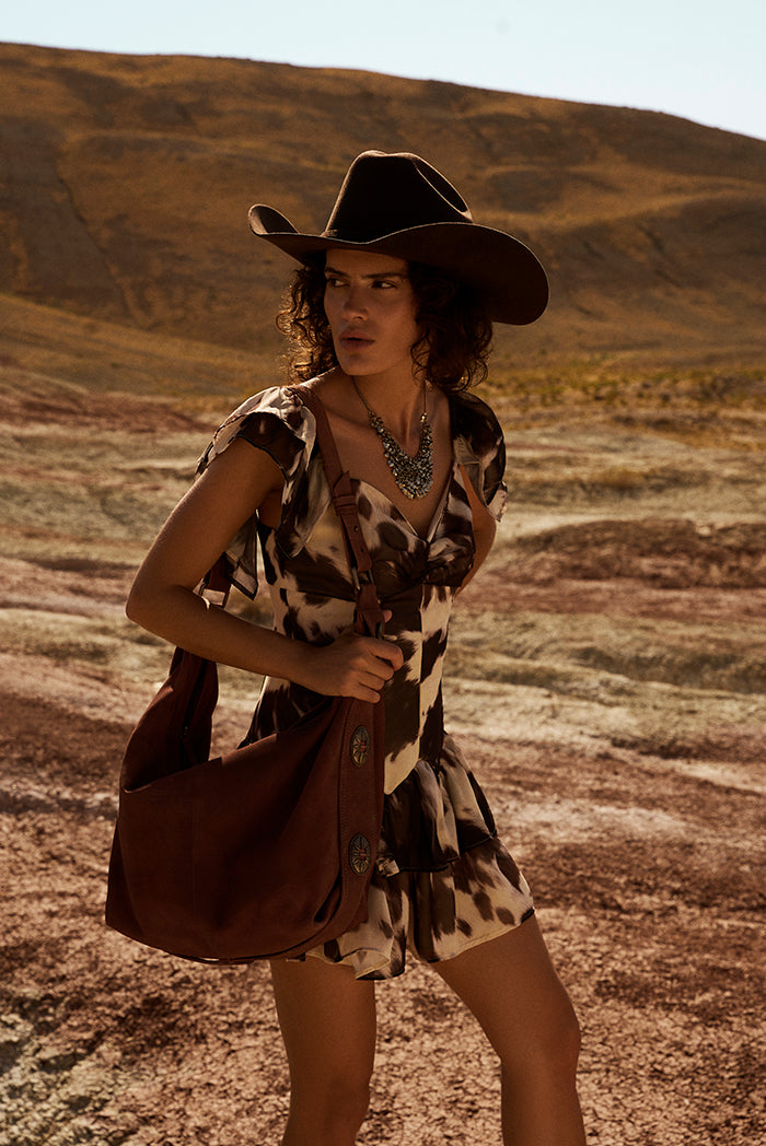 Paradise Valley Suede Leather Shoulder Bag in Auburn Brown