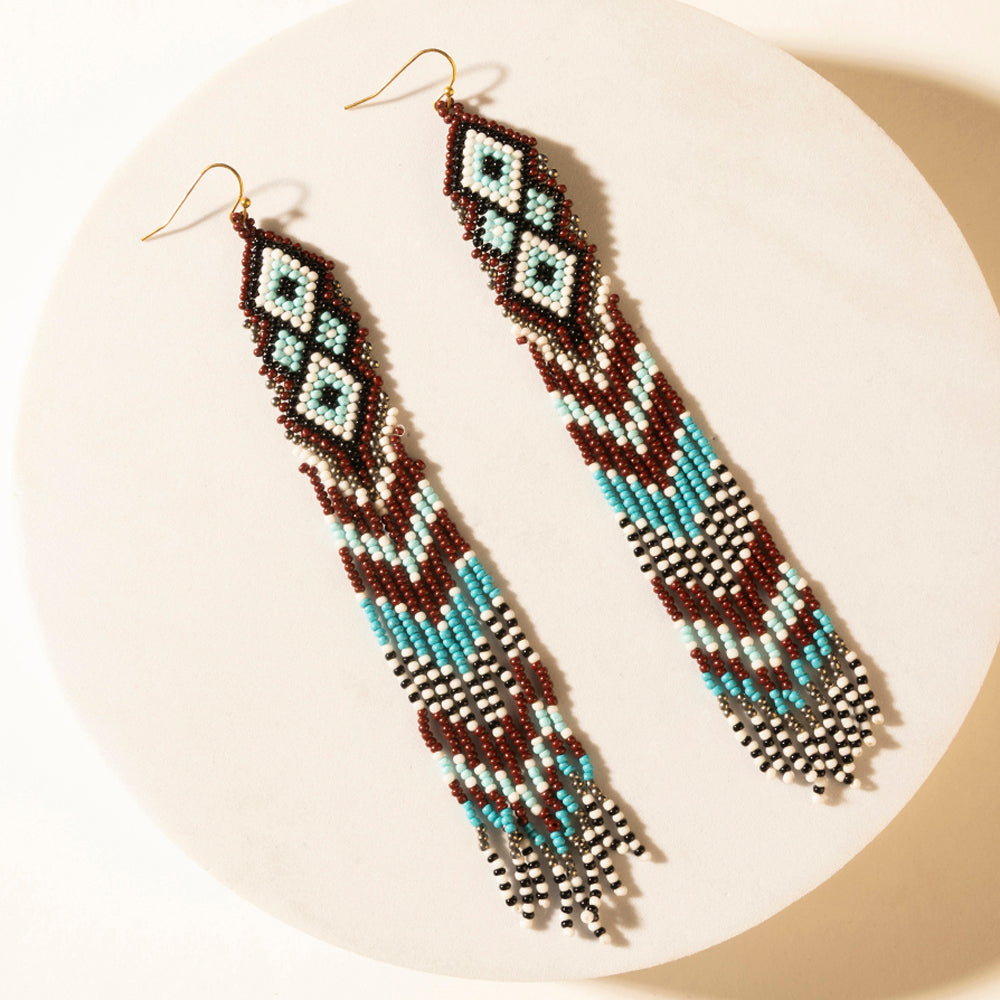High Ranger Beaded Fringe Earrings in Saddle Blue