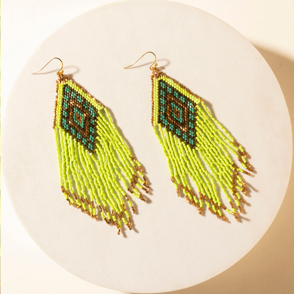Desert Neon Beaded Fringe Earrings in Glow Green