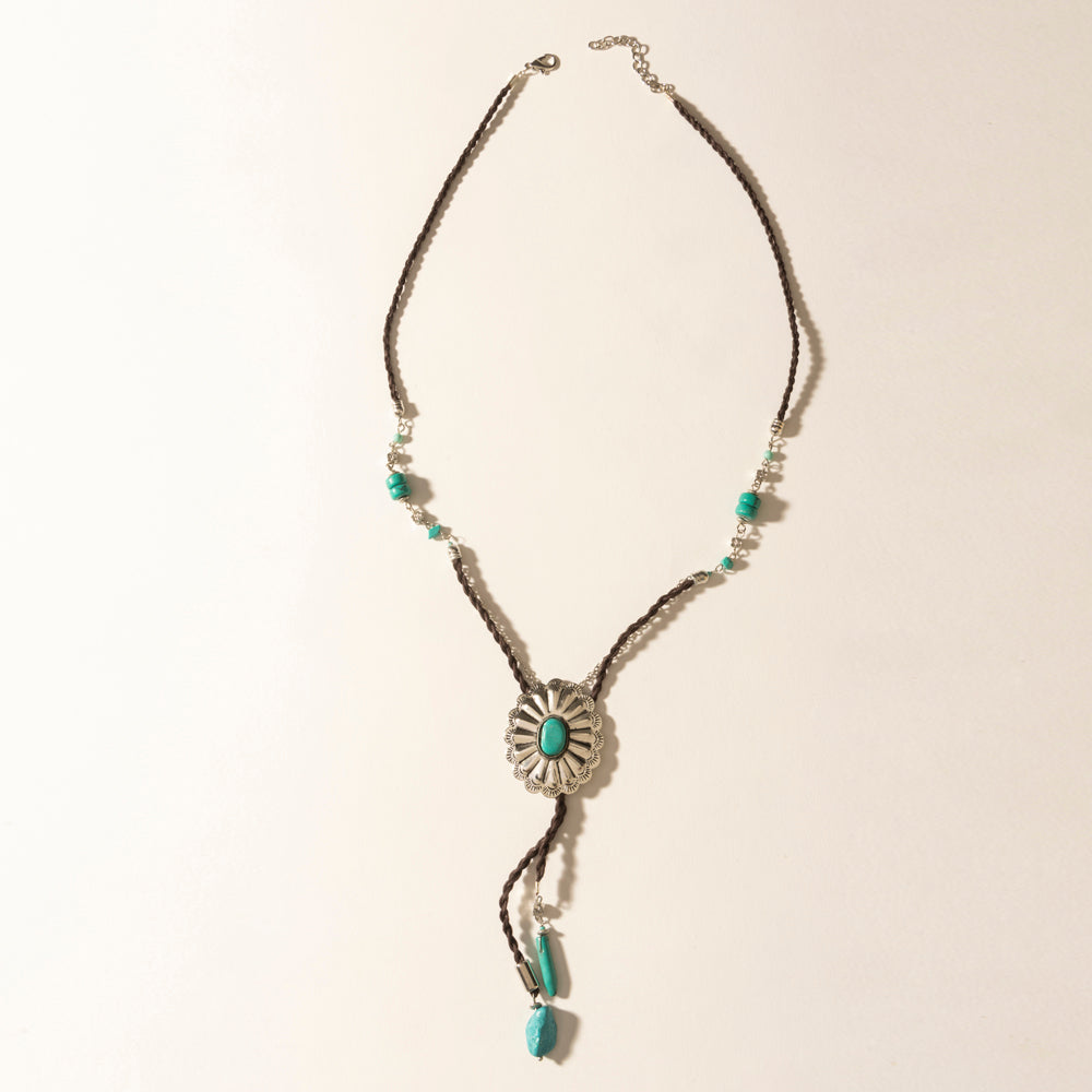 Desert Concho Leather Long Drop Necklace in Sierra Turquoise