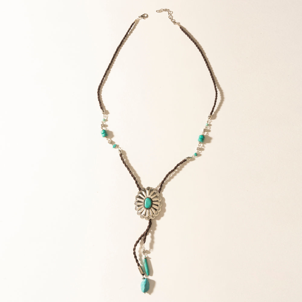 Desert Concho Leather Long Drop Necklace in Sierra Turquoise