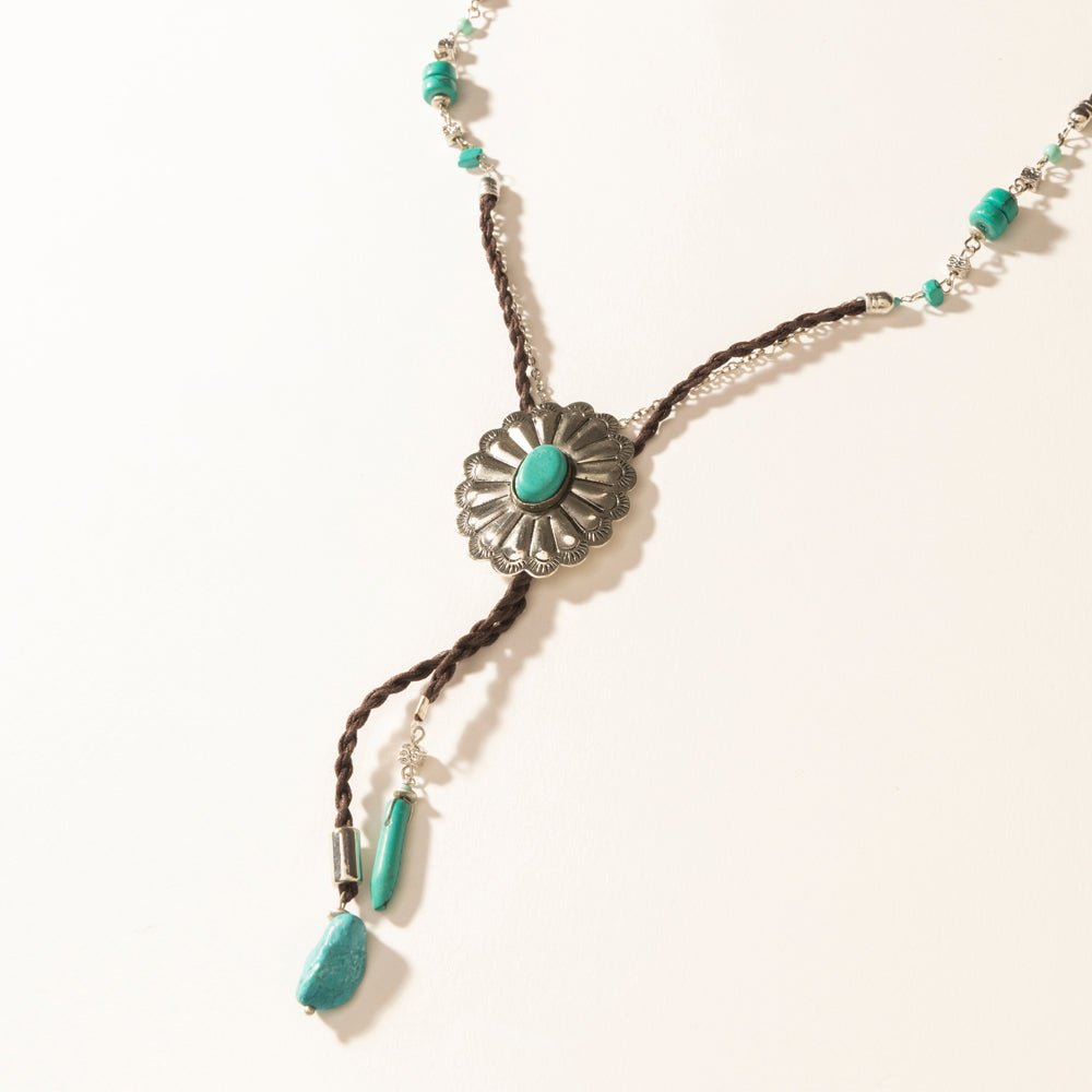 Desert Concho Leather Long Drop Necklace in Sierra Turquoise