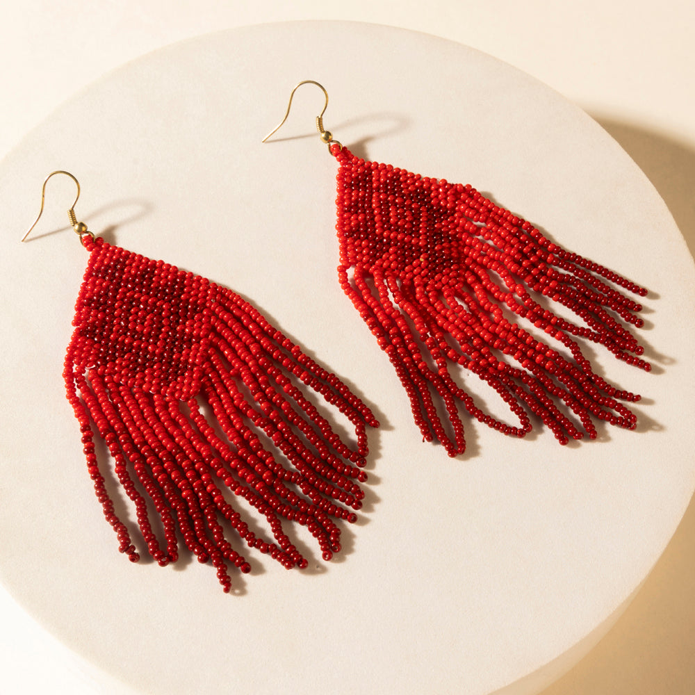 Wild Blaze Beaded Fringe Earrings in Ember Red