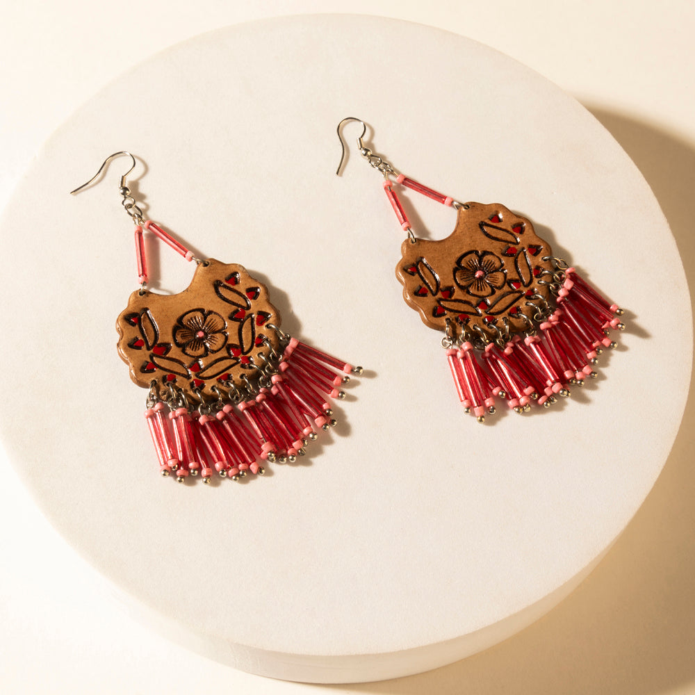 Handtooled Carnival Bloom Fringe Earrings in Ember Pink