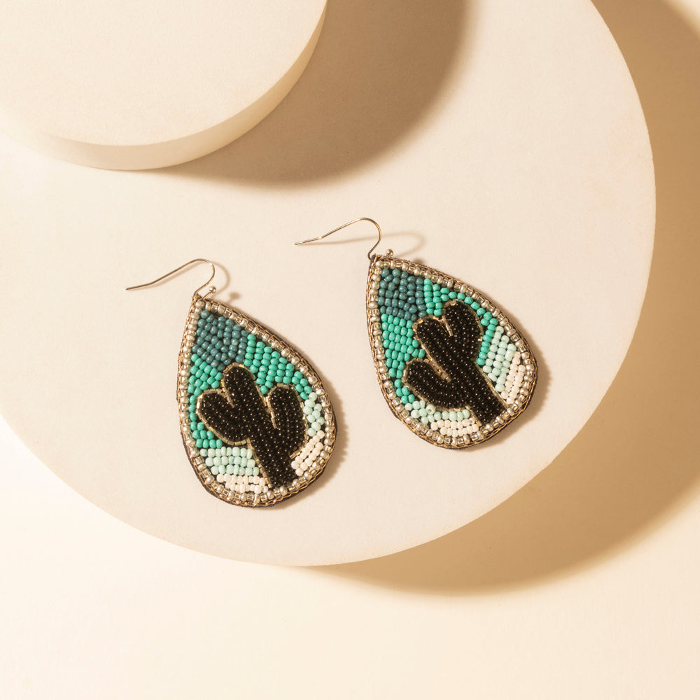 Monsoon Saguaro Cactus Beaded Earrings in Adobe Blue