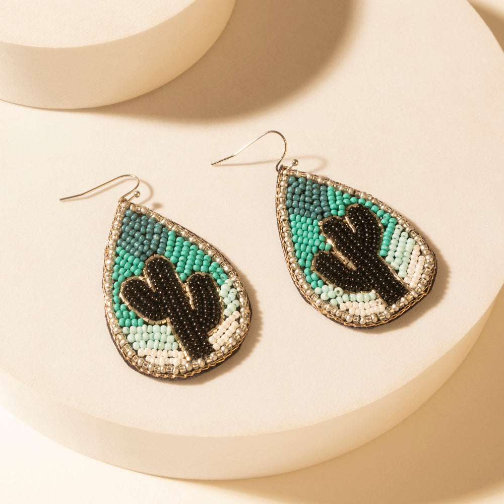 Monsoon Saguaro Cactus Beaded Earrings in Adobe Blue