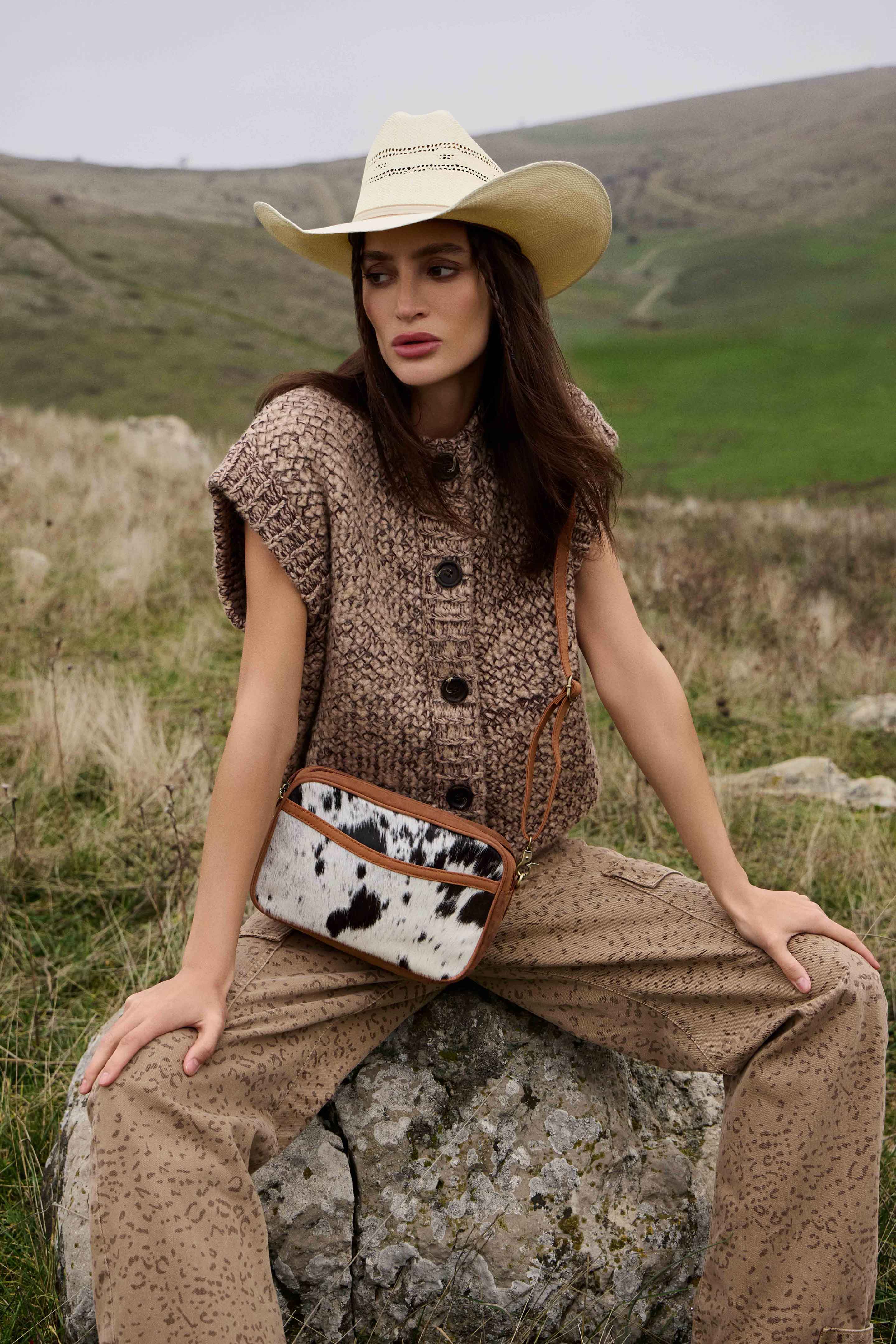 Myra Spade Valley Hairon Leather Bag in Brindle Brown