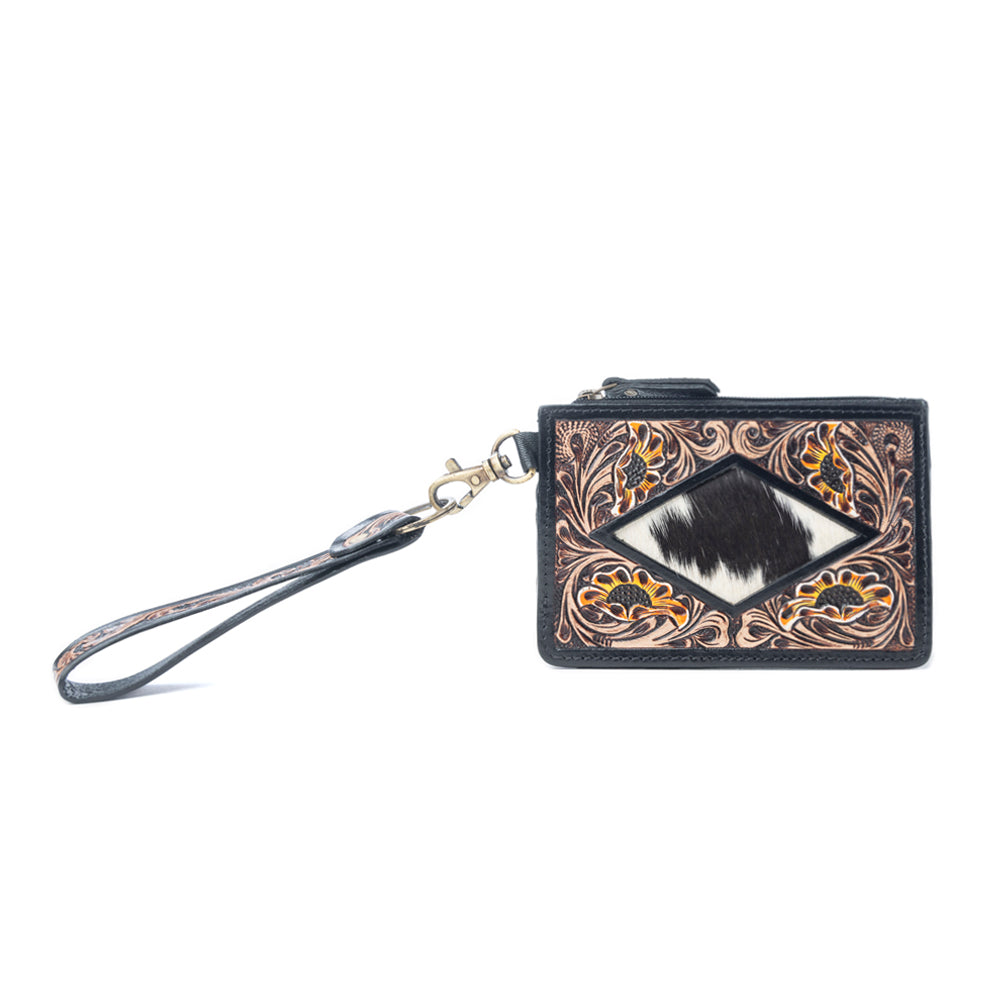 Lone Eclipse Handtooled Hairon Leather Card Holder in Saddle Storm