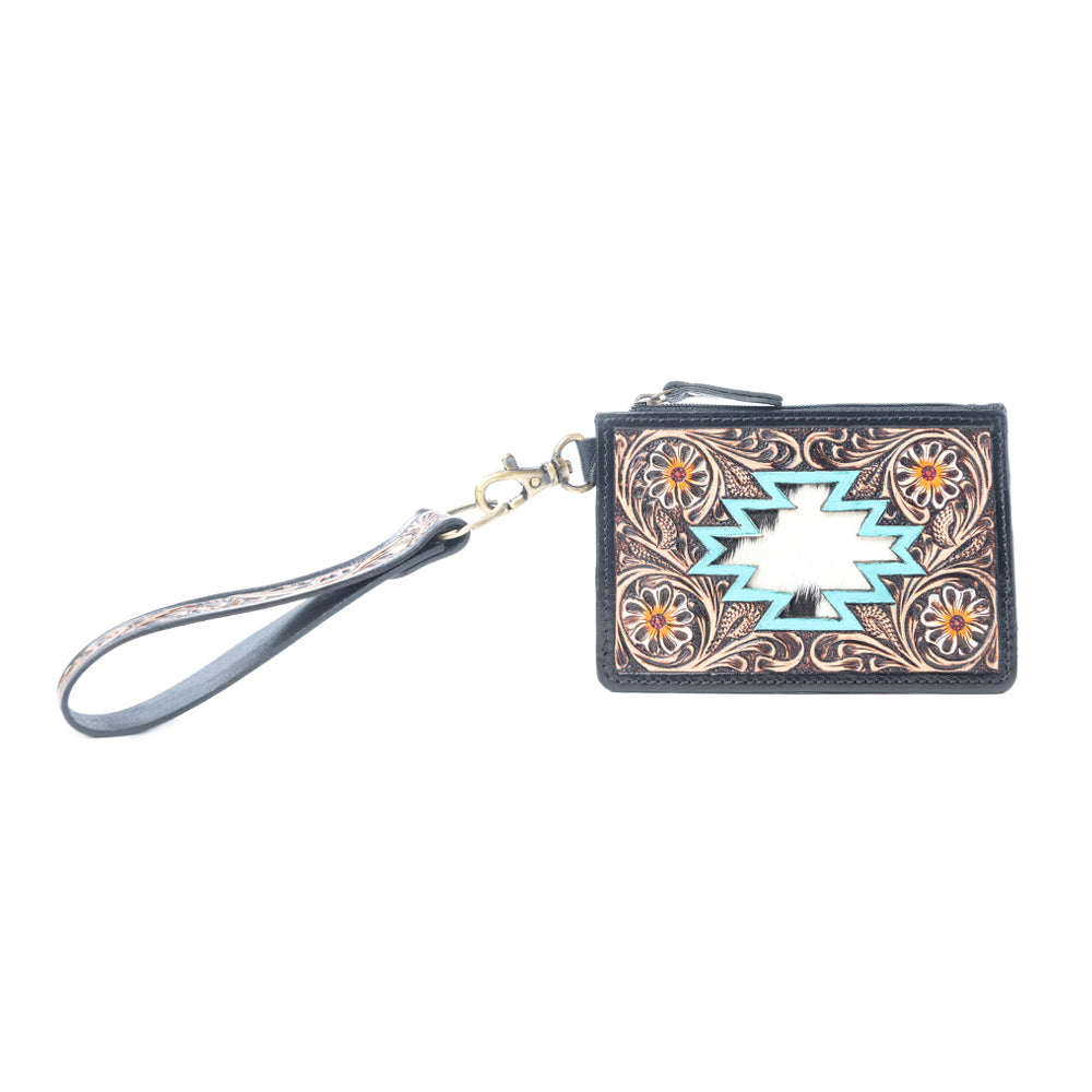 Navajo Sky Handtooled Hairon Leather Card Holder in Antique Brown