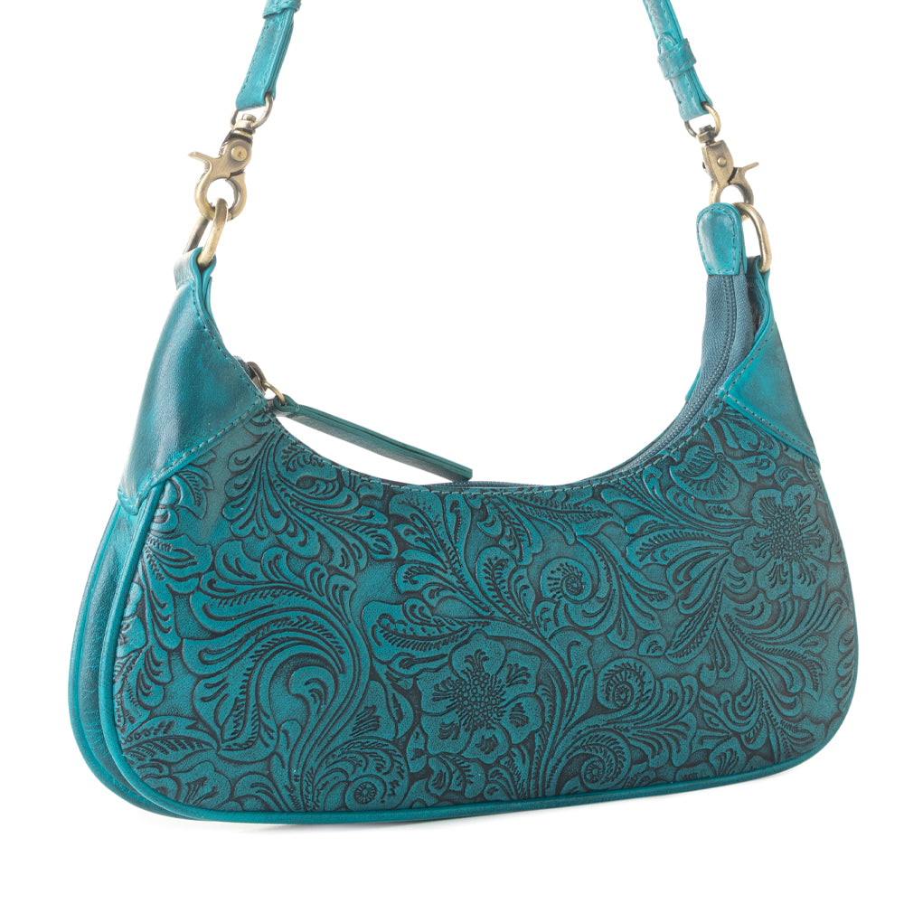 Heritage Vine Embossed Leather Bag for Women in turquoise with shoulder strap