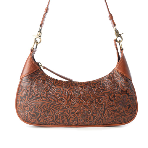 Heritage Vine Embossed Leather Bag for Women in Brown with shoulder strap