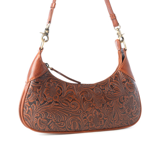 Heritage Vine Embossed Leather Bag for Women in Brown with shoulder strap