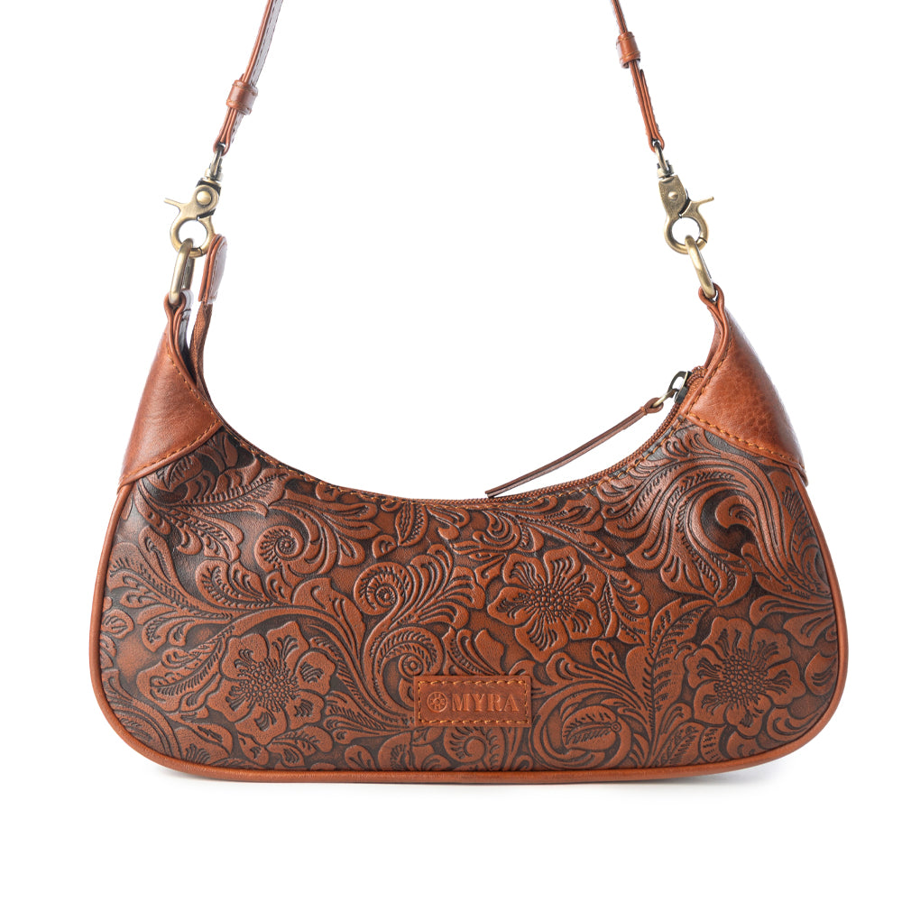 Heritage Vine Embossed Leather Bag for Women in Brown with shoulder strap