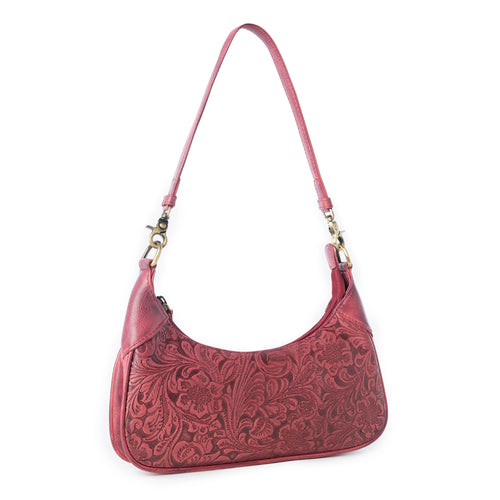 Heritage Vine Embossed Leather Bag for Women in Red with shoulder strap