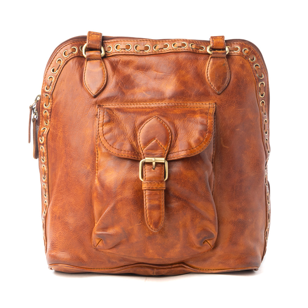 Hearthfire Buckled Genuine Leather Bag in Cognac Brown