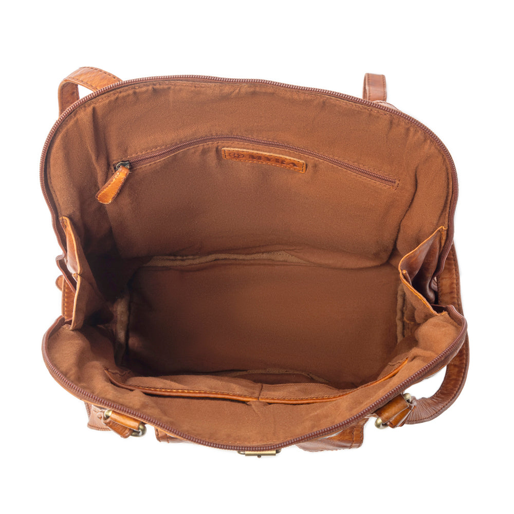 Hearthfire Buckled Genuine Leather Bag in Cognac Brown