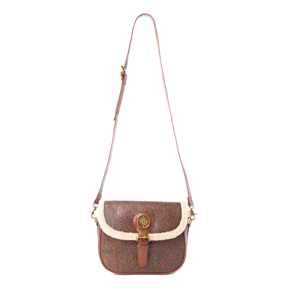 Alpine Rose Embossed Leather Crossbody Bag with Fur Accent in Chestnut Red