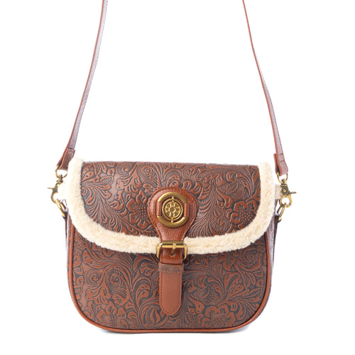 Alpine Rose Embossed Leather Crossbody Bag with Fur Accent Variant Combo