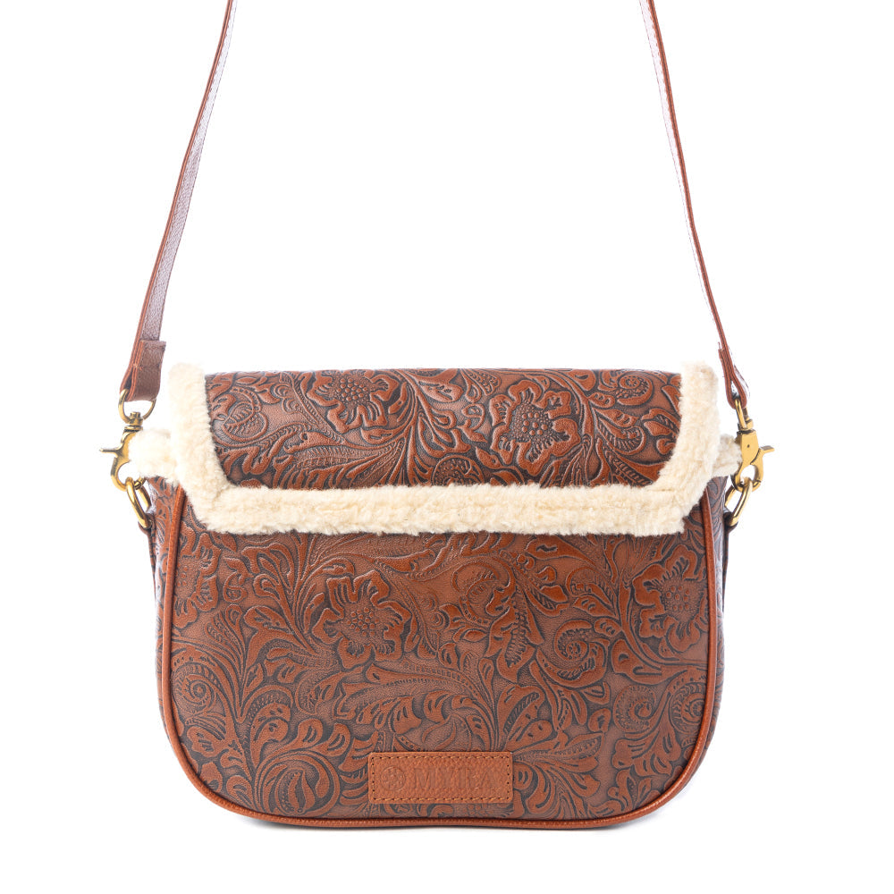 Alpine Rose Embossed Leather Crossbody Bag with Fur Accent in Chestnut Red