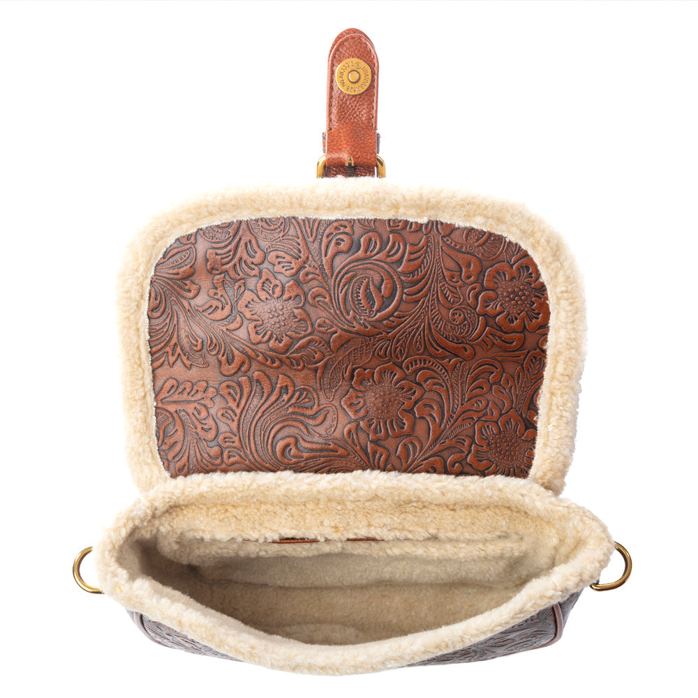 Alpine Rose Embossed Leather Crossbody Bag with Fur Accent in Chestnut Red