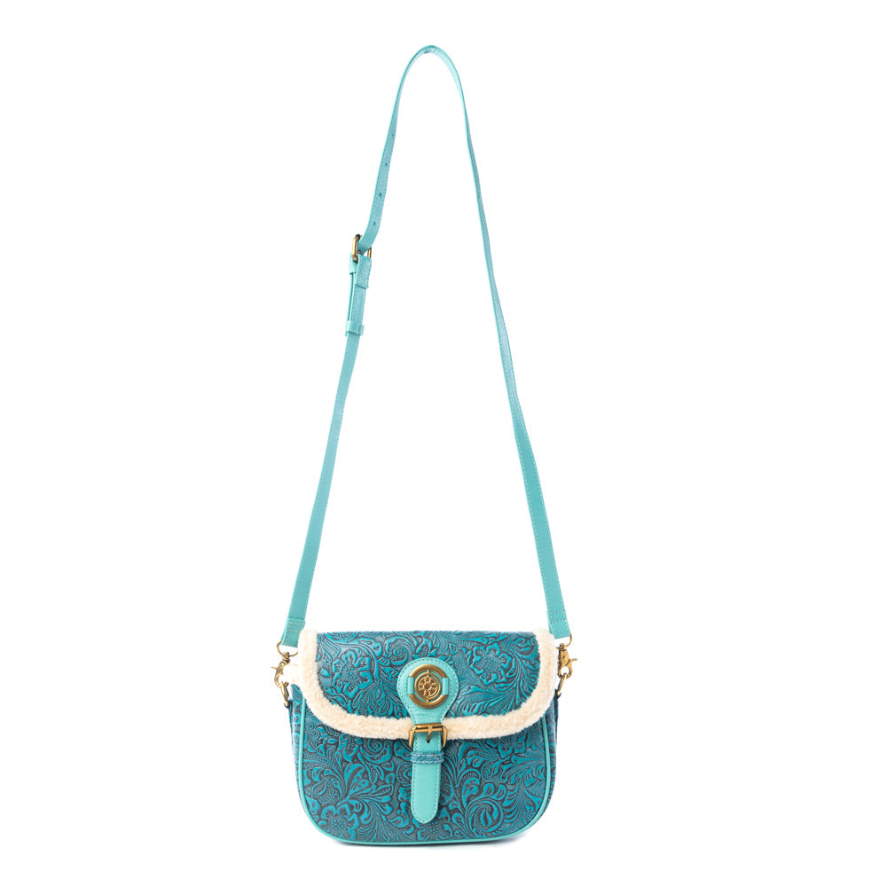 Turquesa Rose Embossed Leather Crossbody Bag with Fur Accent in Cactus Bloom