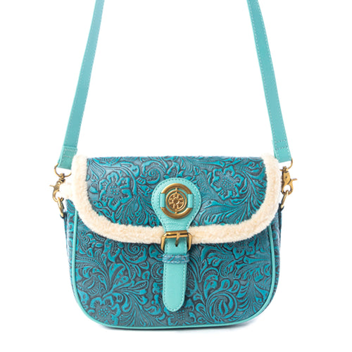 Turquesa Rose Embossed Leather Crossbody Bag with Fur Accent in Cactus Bloom