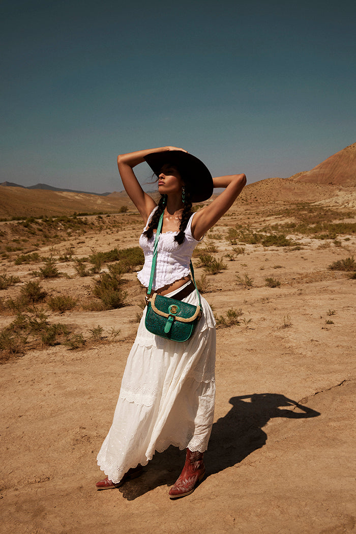 Turquesa Rose Embossed Leather Crossbody Bag with Fur Accent in Cactus Bloom