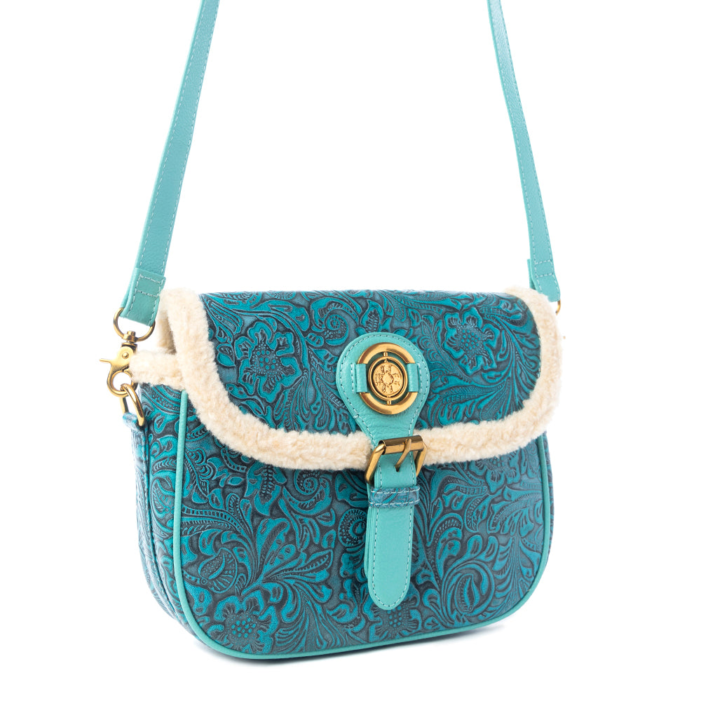 Turquesa Rose Embossed Leather Crossbody Bag with Fur Accent in Cactus Bloom