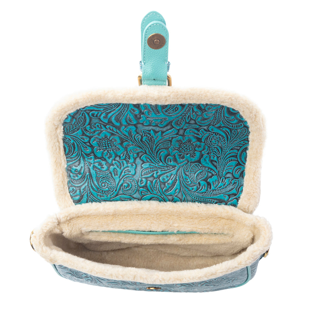 Turquesa Rose Embossed Leather Crossbody Bag with Fur Accent in Cactus Bloom