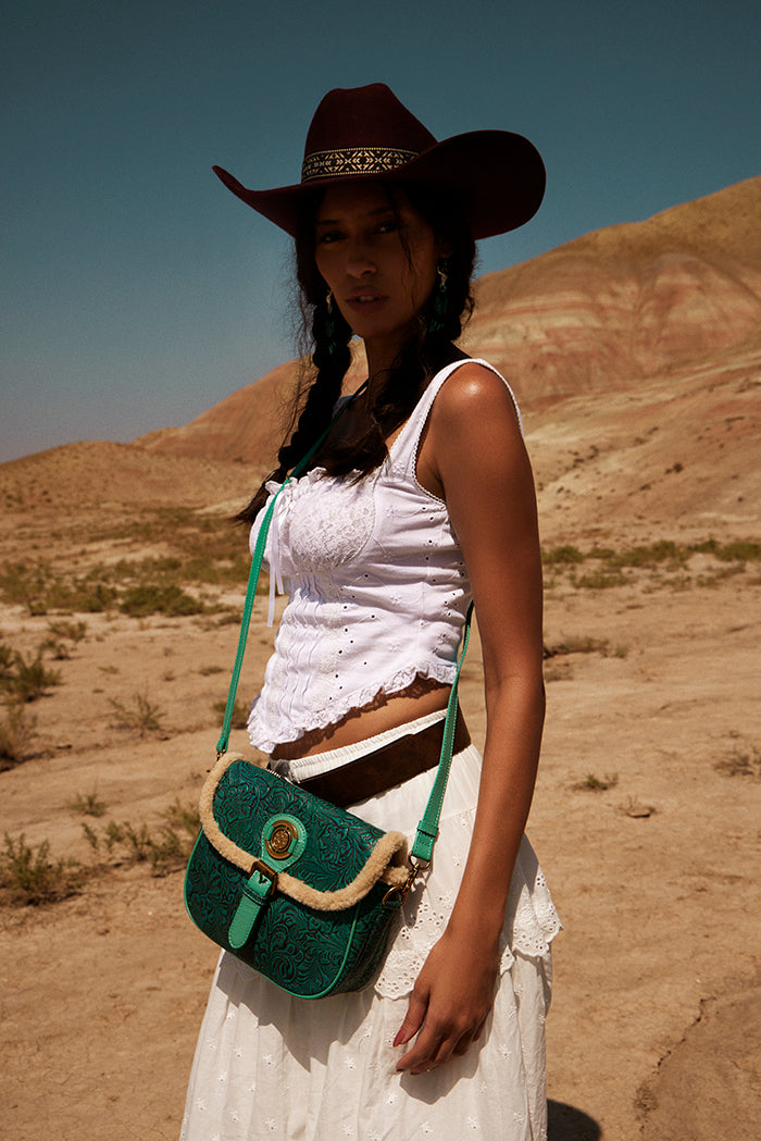 Turquesa Rose Embossed Leather Crossbody Bag with Fur Accent in Cactus Bloom