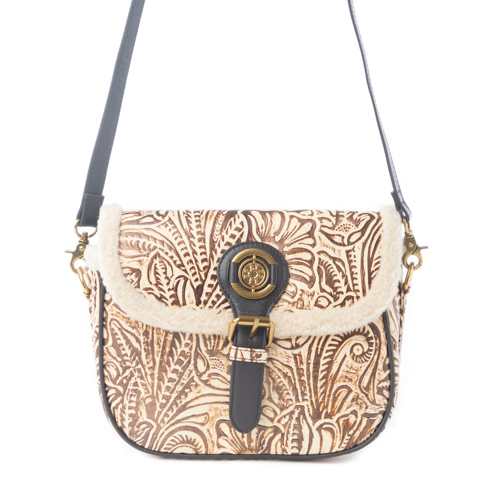 Raven & Dune Embossed Leather Crossbody Bag with Fur Accent in Winter Ivory