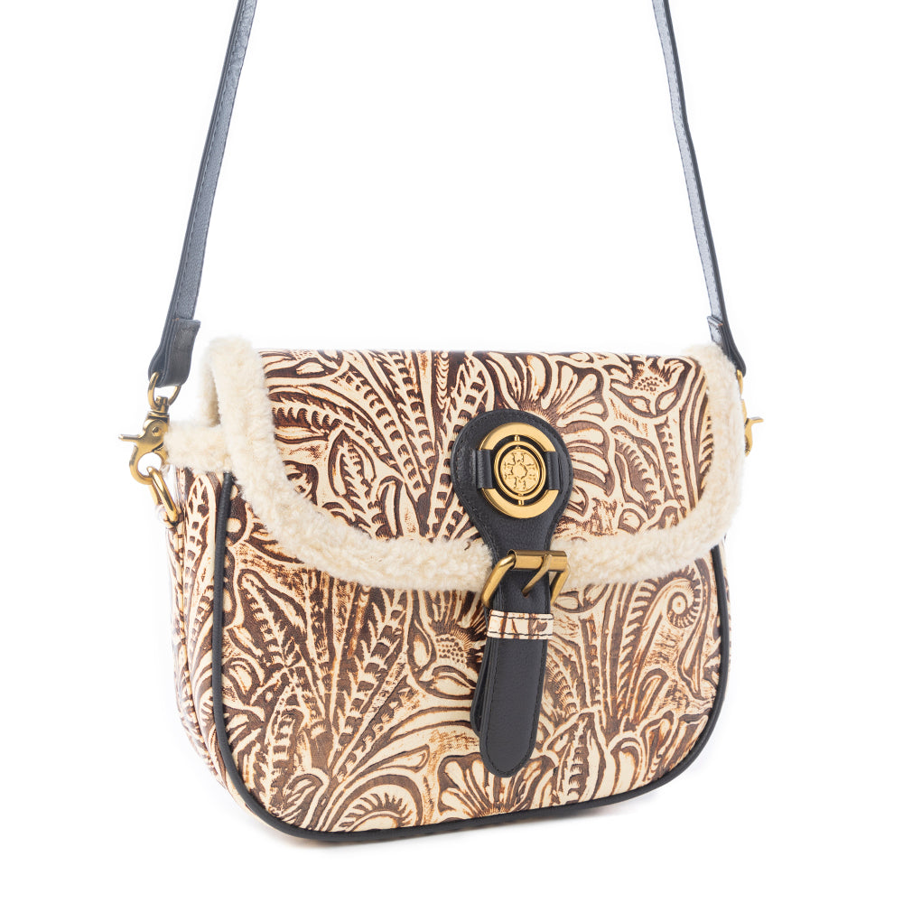 Raven & Dune Embossed Leather Crossbody Bag with Fur Accent in Winter Ivory