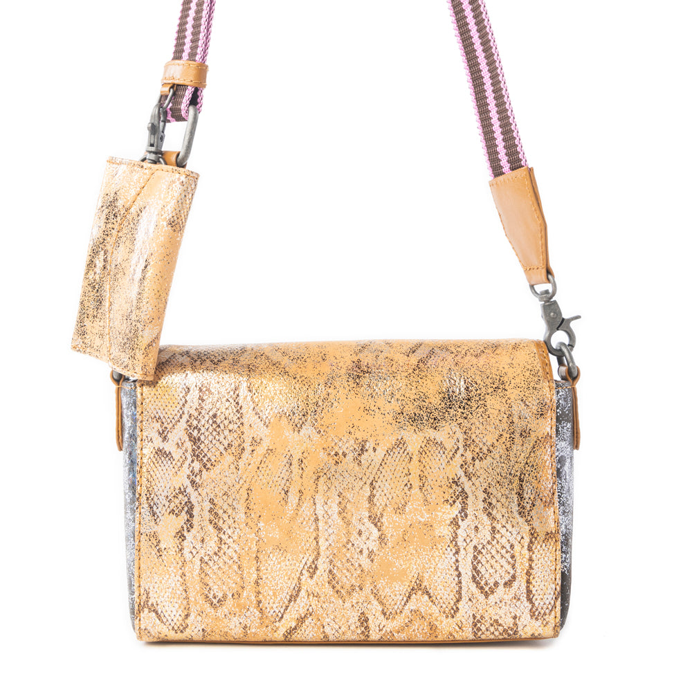 Serpentina Charm Leather Shoulder Bag in Amber Snake Print