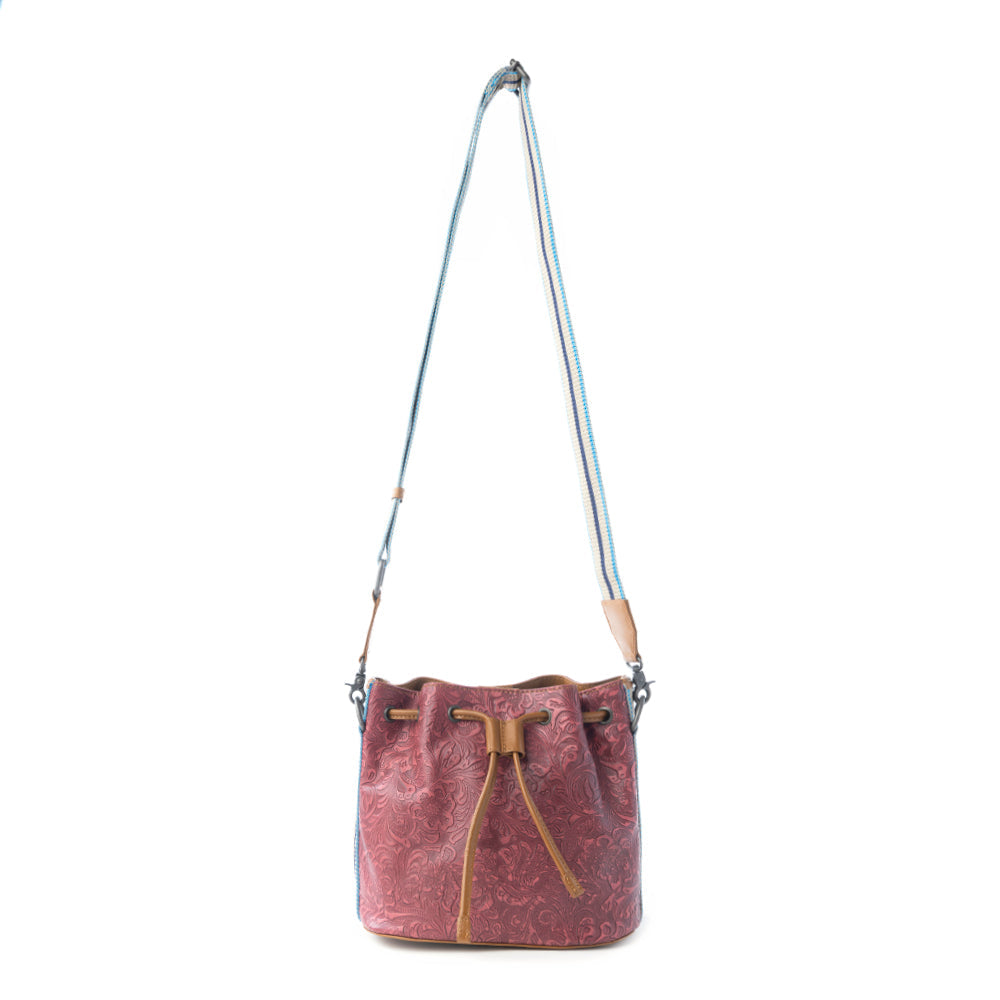Emberlace Embossed Leather Bucket Bag in Berry Rouge